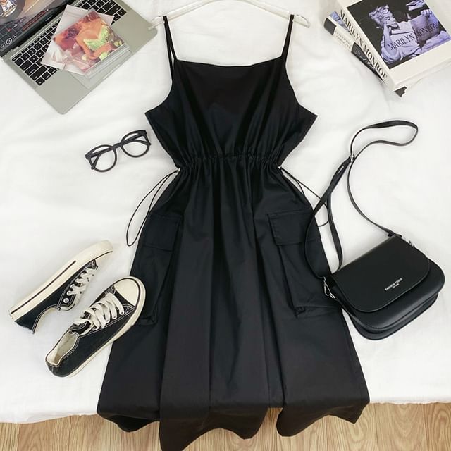 Drawstring Midi A-Line Cargo Dress with Thin Straps