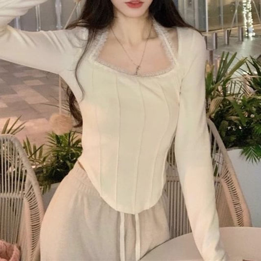 Asymmetric Lace Panel Slim Tee - LaceLux