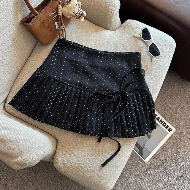 Dotted Skirt Pleated Rise A-Line High Mini