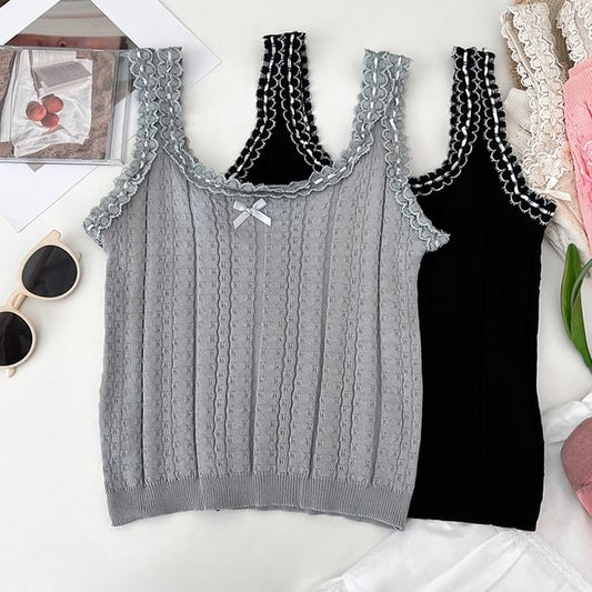 Knit Scoop-Neck Cami with Lace Accent - LaceLux