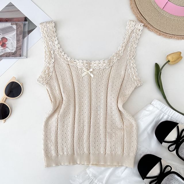 Knit Scoop-Neck Cami with Lace Accent - LaceLux