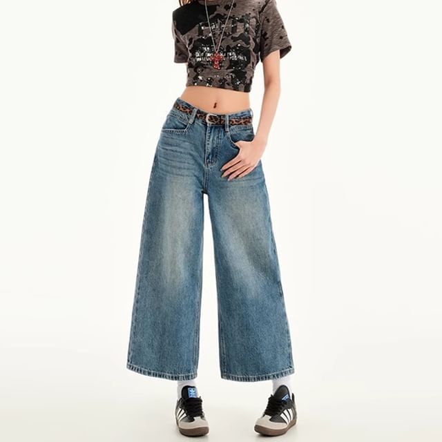 Rise Jeans Washed Wide Leg Mid Cropped