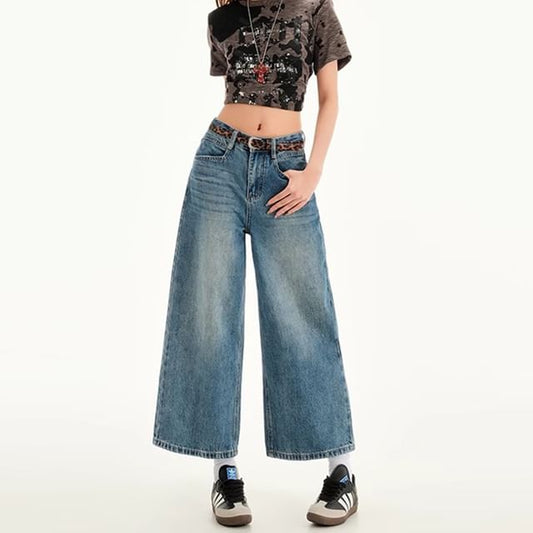 Rise Jeans Washed Wide Leg Mid Cropped