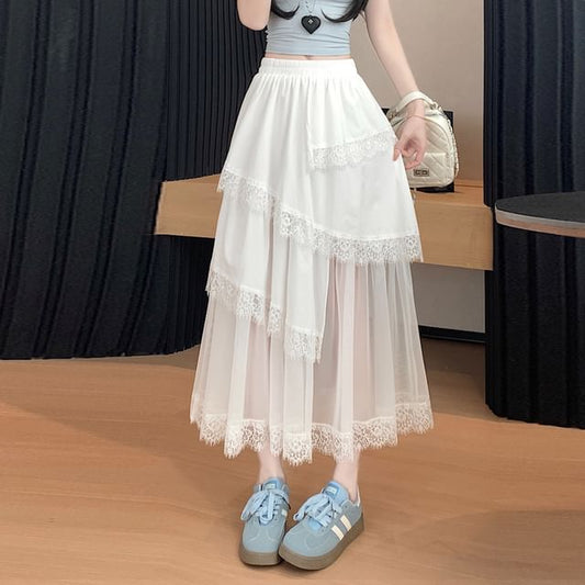 Panel Waist Lace Mesh High A-Line Skirt Asymmetrical Trim Midi