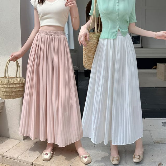Pleated High Midi A-Line Plain Skirt Rise