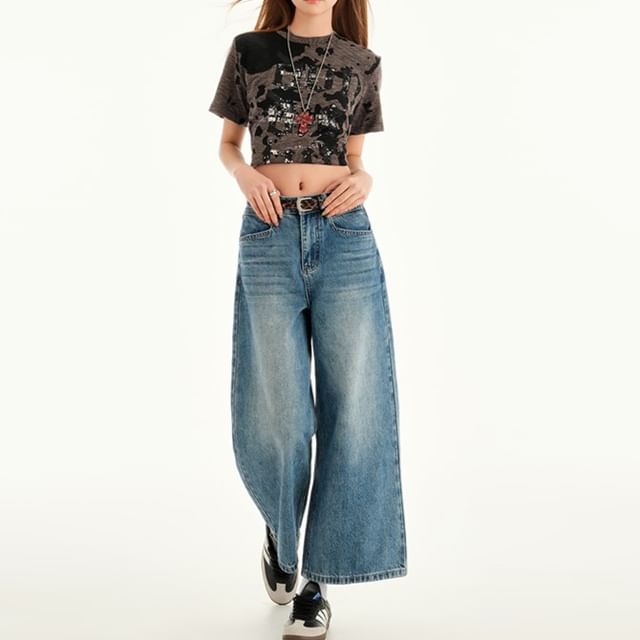 Rise Jeans Washed Wide Leg Mid Cropped