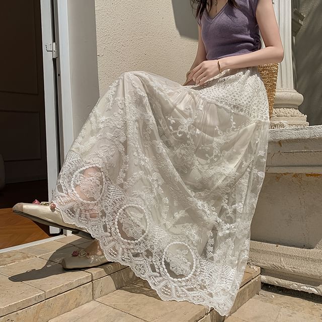 A-Line Maxi Lace High Skirt Waist