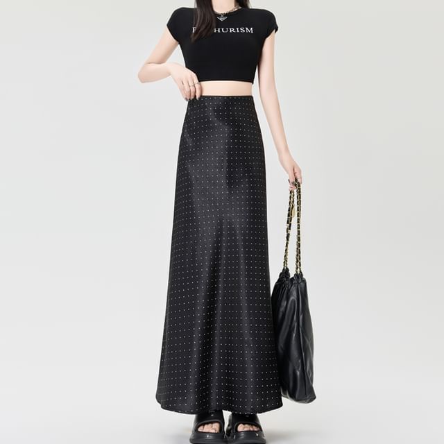 Skirt Maxi Waist A-Line Dotted High Satin
