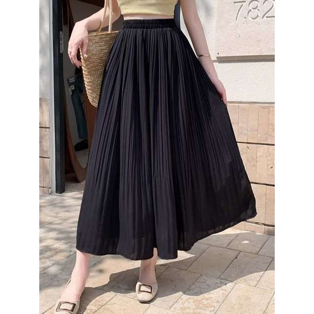Pleated High Midi A-Line Plain Skirt Rise