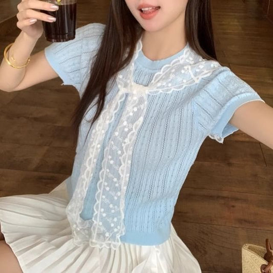 Cropped Knit Top with Lace Trim and Crew Neck