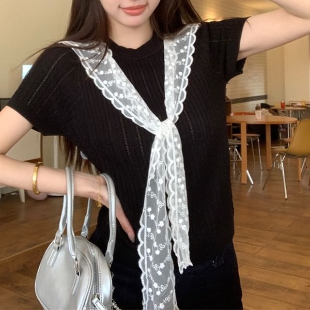 Cropped Knit Top with Lace Trim and Crew Neck
