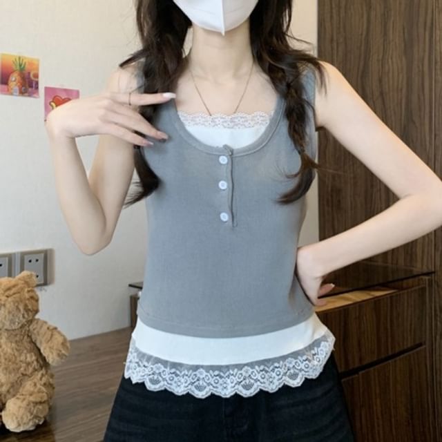 Lace-Trimmed Tank Top with Round Neck