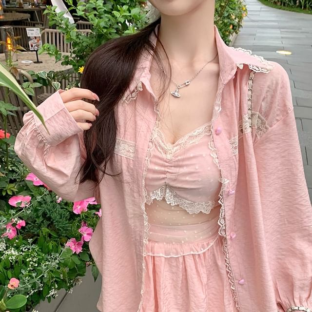 Lace Trim Crop Set: Camisole, Skirt, Shirt - LaceLux