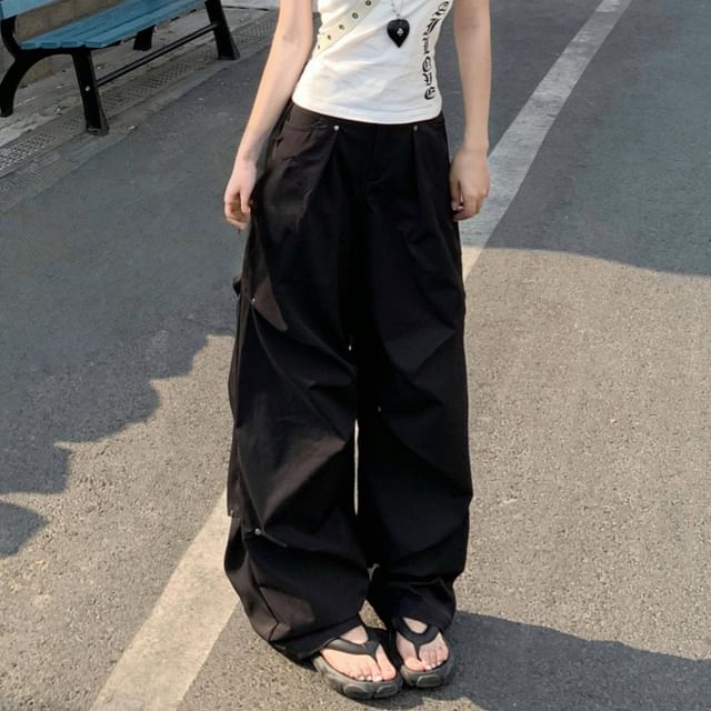 Mid Pants Ruched Plain Wide Leg Waist