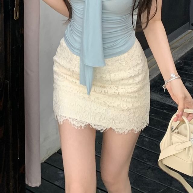 Mini Tank Skirt / Rise Top High Plain Tie-Neck Lace Pencil