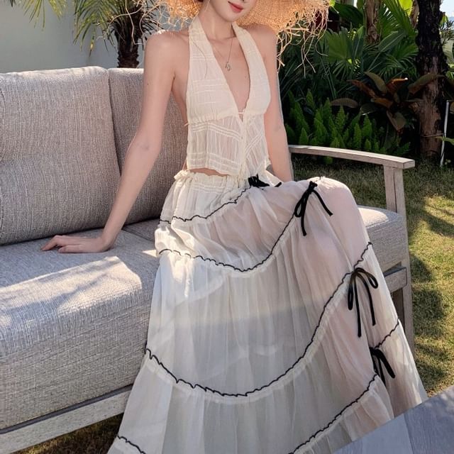 Rise V-Neck A-Line Maxi Low + Halter Top Set: Cropped Asymmetrical Skirt Plain