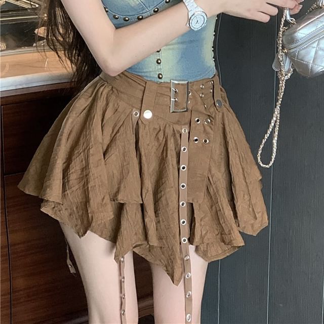 Denim Rise Washed Plain Skirt High Mini Asymmetrical Top / Cami Studded A-Line