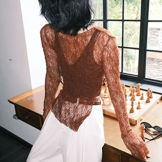 Slit Lace Long-Sleeve Top with Round Neck