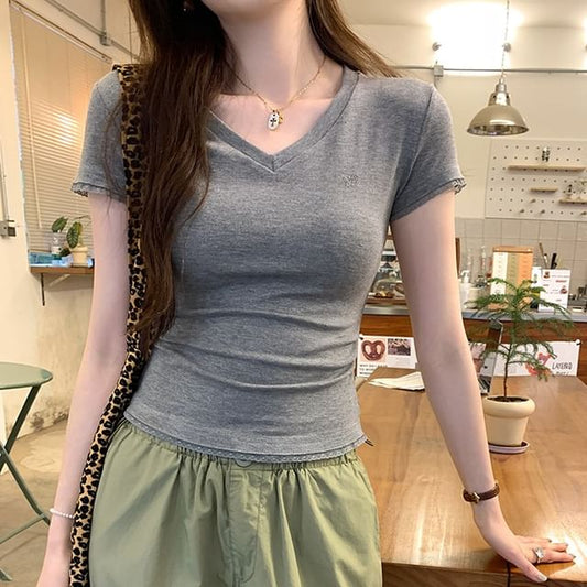 V-Neck Short-Sleeved Lace Tee - LaceLux