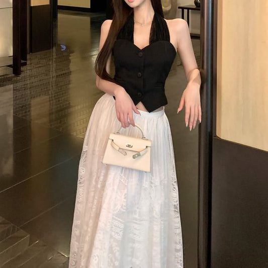Lace Waist Skirt Crop A-Line Top Halter-Neck Plain Midi / Button-Up Mid