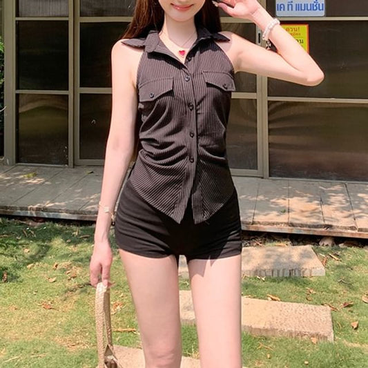 Shirt Shirred Halter-Neck Striped Button-Up