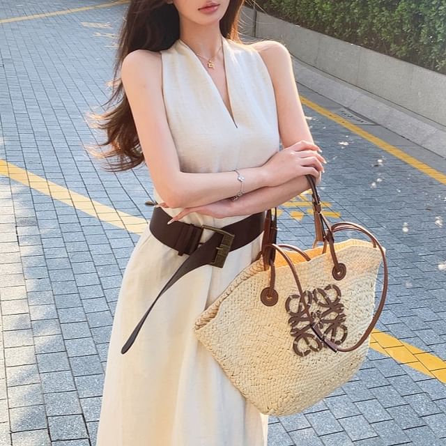 Faux Halter-Neck Plain A-Line / Leather Dress Belt Midi