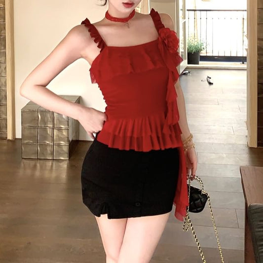 Top High Cami Waist Skirt Asymmetrical Floral / Pencil Ruffled Mini