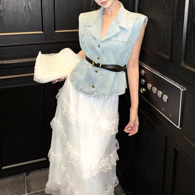 Lace Layered High Button-Up Denim / Midi Vest Rise Skirt A-Line Washed