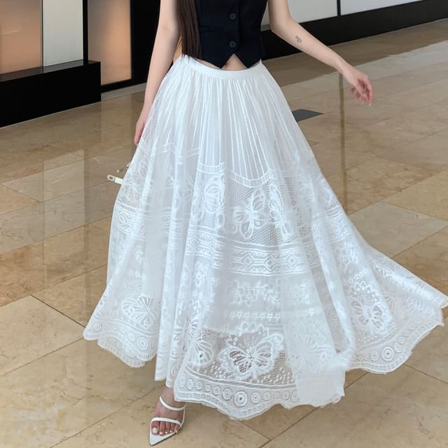 Lace Waist Skirt Crop A-Line Top Halter-Neck Plain Midi / Button-Up Mid