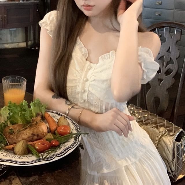 A-Line Shirred Blouse Mini Plain Rise Off-Shoulder High / Skirt Ruffled