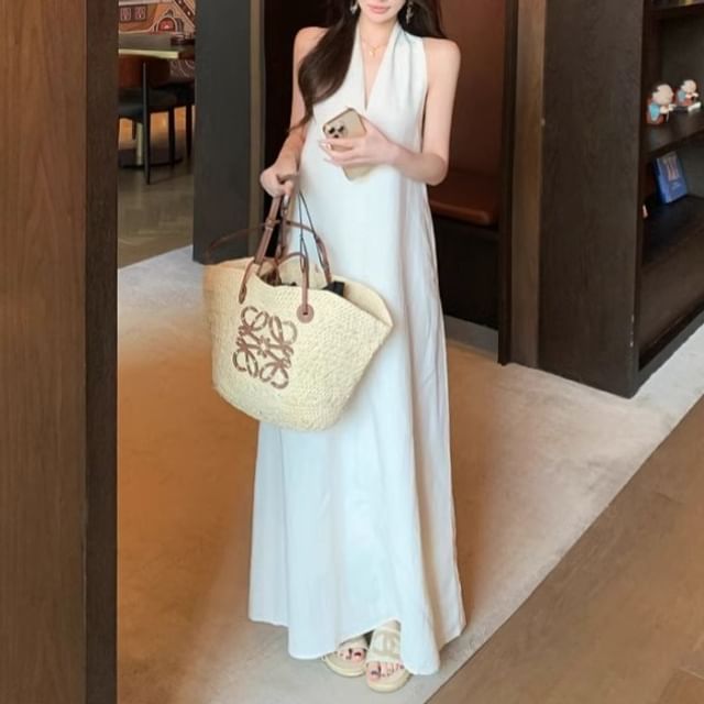 Faux Halter-Neck Plain A-Line / Leather Dress Belt Midi