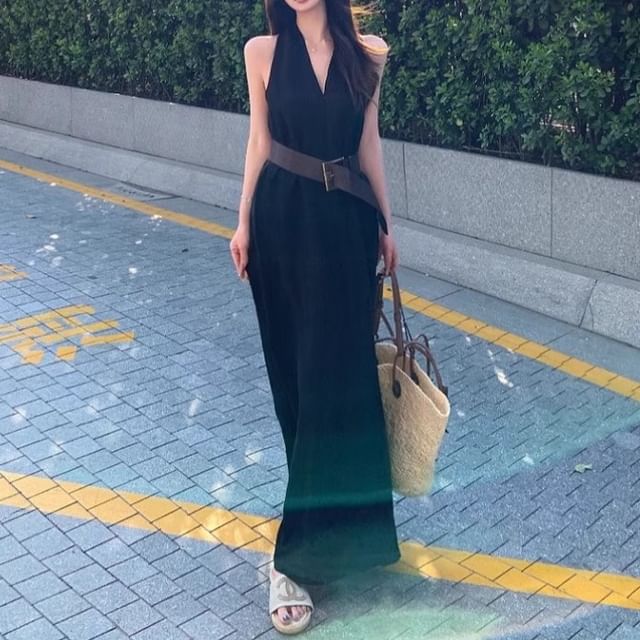 Faux Halter-Neck Plain A-Line / Leather Dress Belt Midi