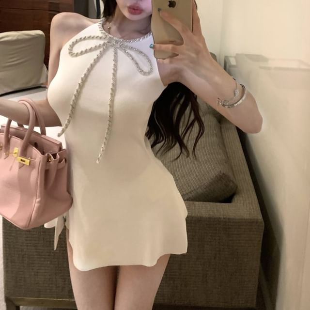 Dress Bow A-Line Mini Halter-Neck Slit Rhinestone