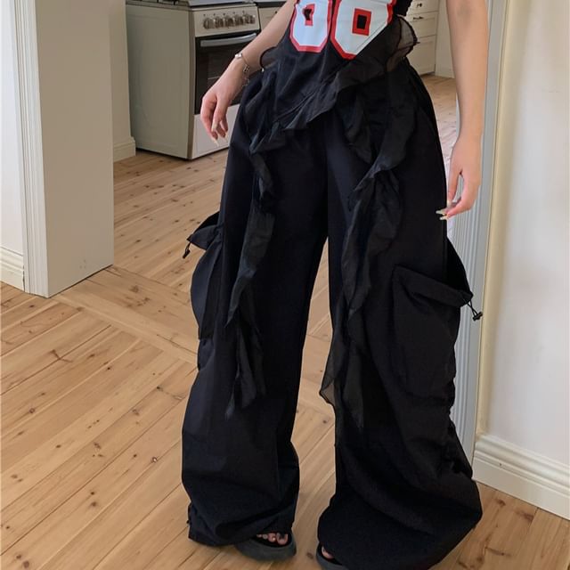 Numbering Tube / Leg High Pants Ruffled Waist Wide Top