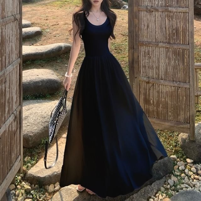 Midi Spaghetti Strap Dress Plain A-Line