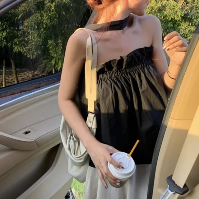 Ruffled Back Top Plain Camisole Open Balloon Keyhole