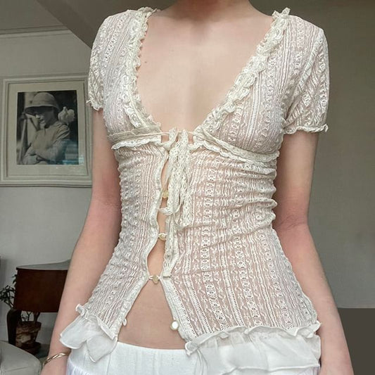 Ruffle Lace Blouse with V-Neck and Short Sleeves