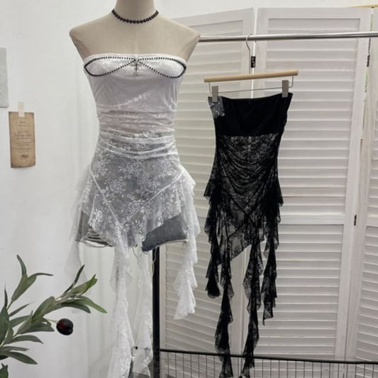 Asymmetric Ruffle Lace Tube Top with Beads