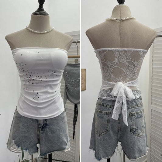 Rhinestone-Trimmed Lace Tube Top
