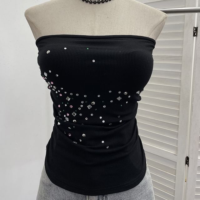 Rhinestone-Trimmed Lace Tube Top