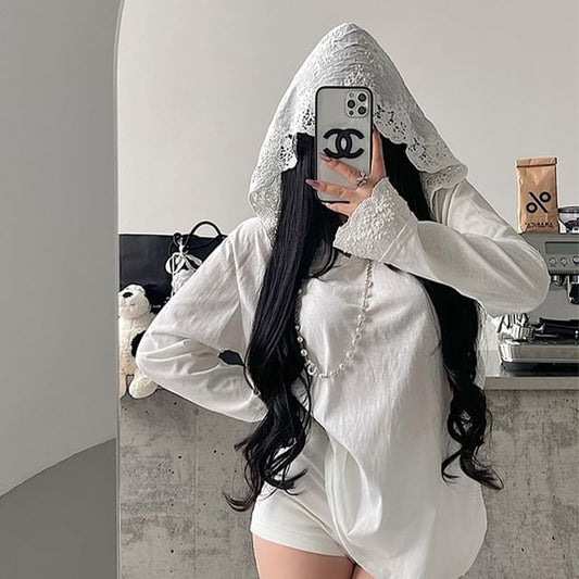 Hooded Long-Sleeve Top with Lace Accents