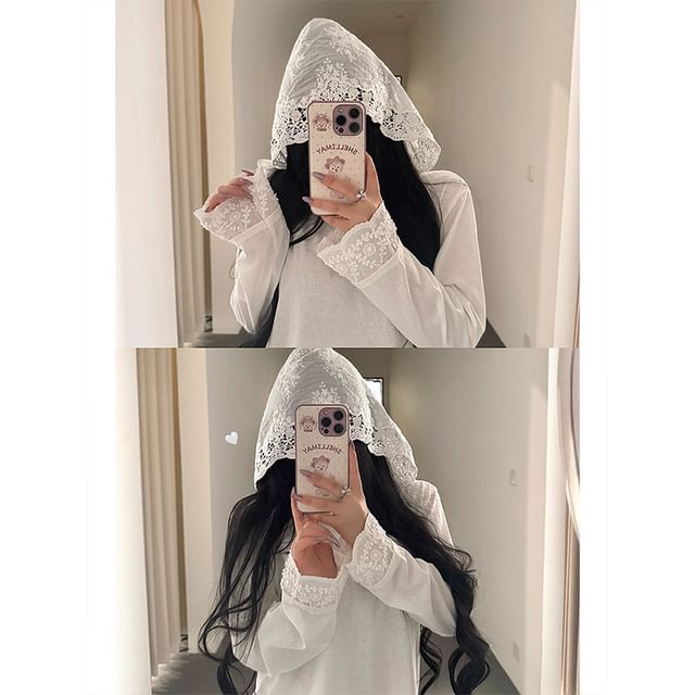 Hooded Long-Sleeve Top with Lace Accents