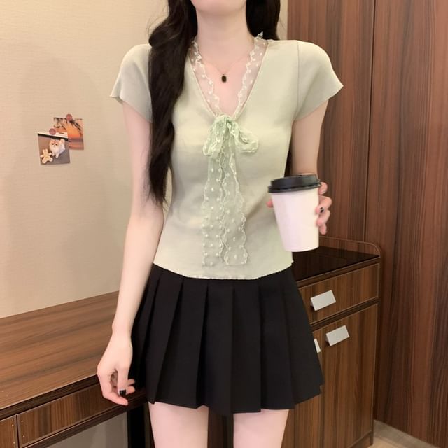 Tie-Front Lace Knit Top with V-Neckline