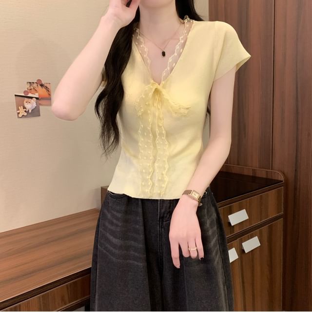 Tie-Front Lace Knit Top with V-Neckline