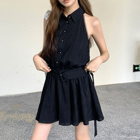 Dress Sleeveless Striped A-Line Mini Collared Belted