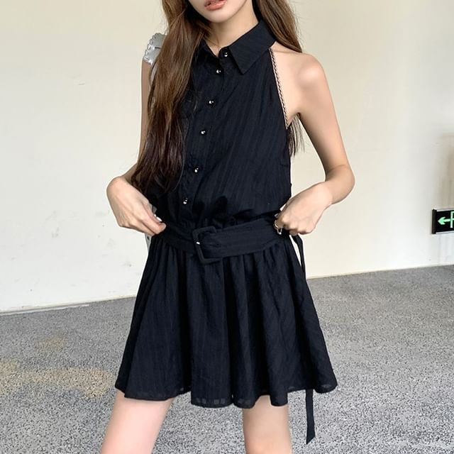 Dress Belted Striped A-Line Mini Collared Sleeveless