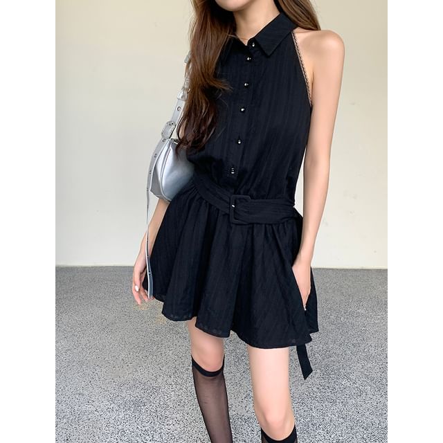 Dress Belted Striped A-Line Mini Collared Sleeveless