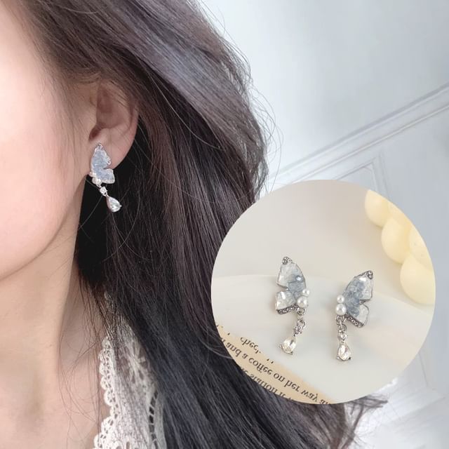Pearl / Drop Clip-On Rhinestone Faux Earring Butterfly