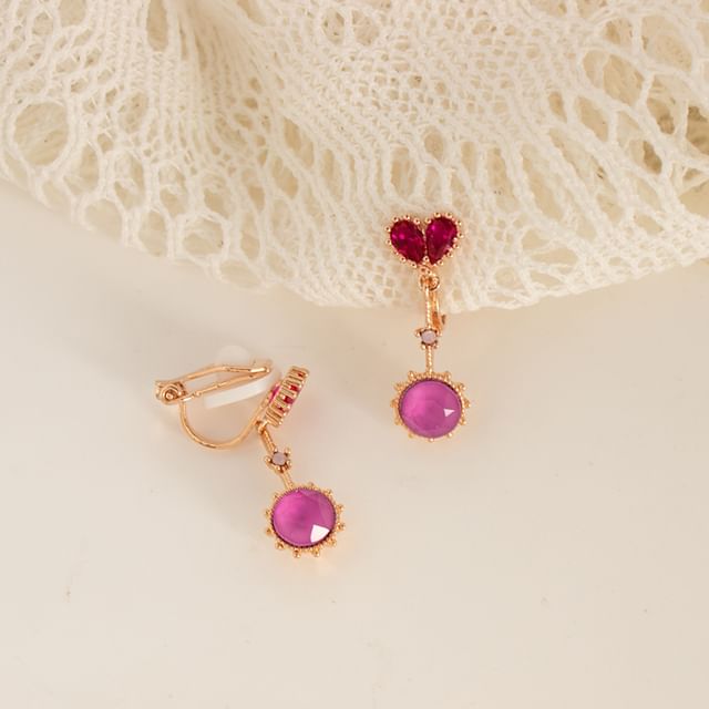 Earring Heart Clip-On Rhinestone Drop /