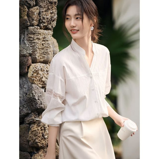 Stand-Collar Long-Sleeve Lace Blouse - LaceLux